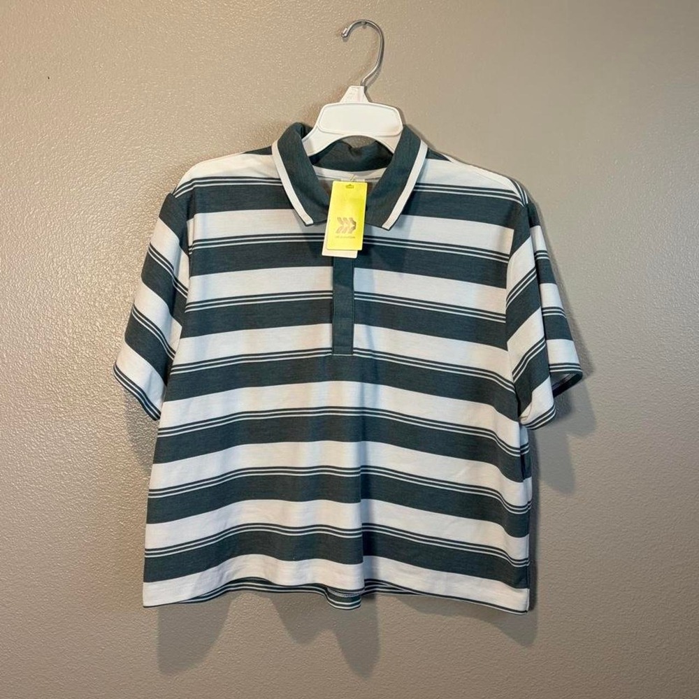 All In Motion white and dark green horizontal striped polo shirt